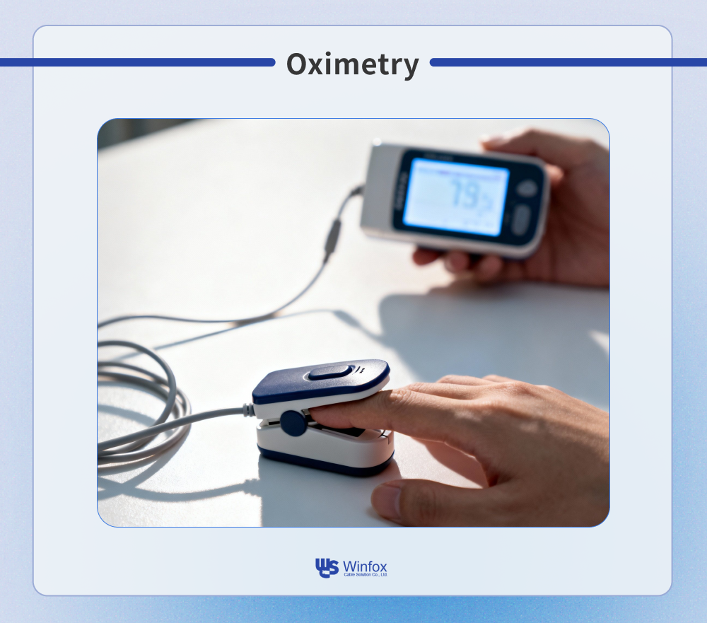 An example picture shows the application of medical cables for oximetry uses.